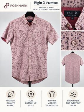 Eight X Premium Mens XL Slim Fit Short Sleeve Button Up Shirt Floral Geometric P